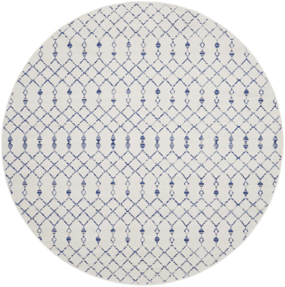 Homeroots 8' Ivory And Blue Geometric Round Rug  Polypropylene 552323