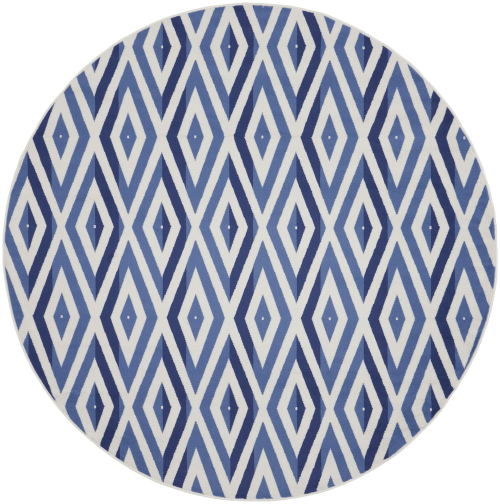 Homeroots 8' Ivory And Blue Geometric Round Rug  Polypropylene 552325