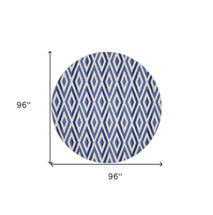 Homeroots 8' Ivory And Blue Geometric Round Rug  Polypropylene 552325