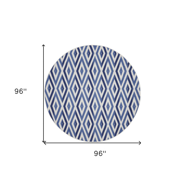 Homeroots 8' Ivory And Blue Geometric Round Rug  Polypropylene 552325