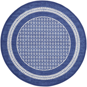Homeroots 8' Ivory And Navy Blue Geometric Distressed Round Rug  Polypropylene 552326