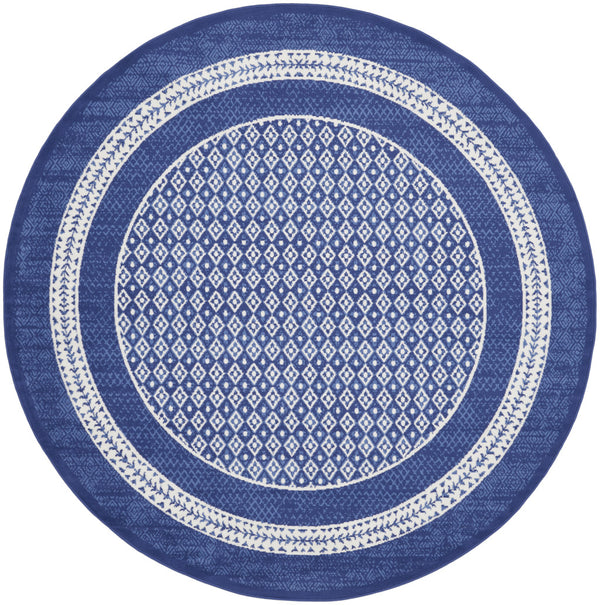 Homeroots 8' Ivory And Navy Blue Geometric Distressed Round Rug  Polypropylene 552326