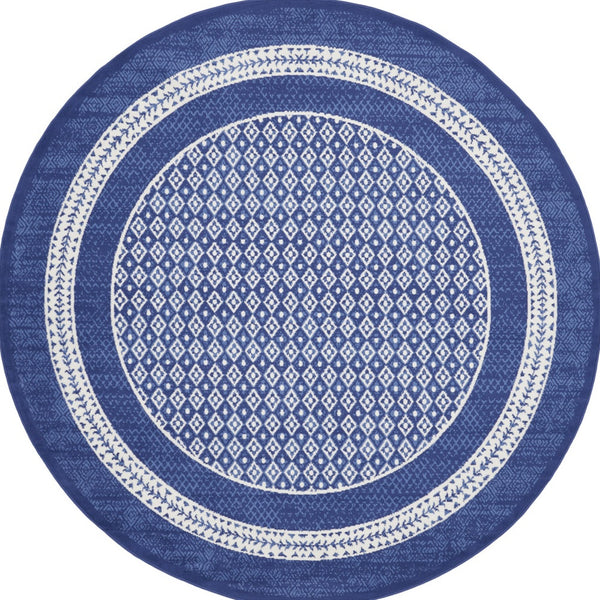 Homeroots 8' Ivory And Navy Blue Geometric Distressed Round Rug  Polypropylene 552326