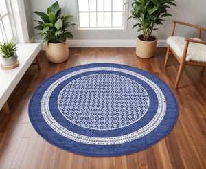 Homeroots 8' Ivory And Navy Blue Geometric Distressed Round Rug  Polypropylene 552326