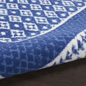 HomeRoots 7' Ivory and Navy Blue Geometric Distressed Area Rug - Durable, Non-Skid Design for High-Traffic Spaces 8' Round 552326