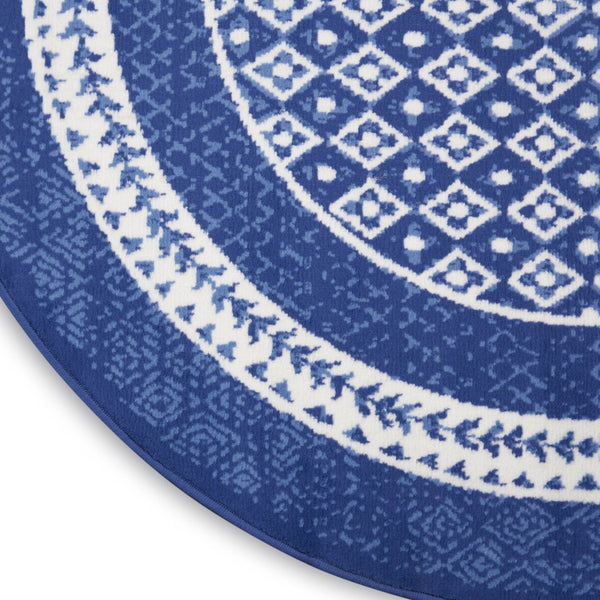 HomeRoots 7' Ivory and Navy Blue Geometric Distressed Area Rug - Durable, Non-Skid Design for High-Traffic Spaces 8' Round 552326