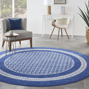 HomeRoots 7' Ivory and Navy Blue Geometric Distressed Area Rug - Durable, Non-Skid Design for High-Traffic Spaces 8' Round 552326
