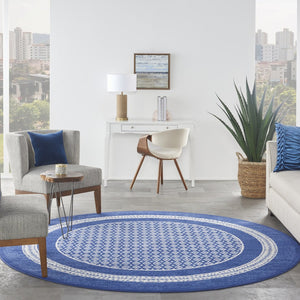 HomeRoots 7' Ivory and Navy Blue Geometric Distressed Area Rug - Durable, Non-Skid Design for High-Traffic Spaces 8' Round 552326