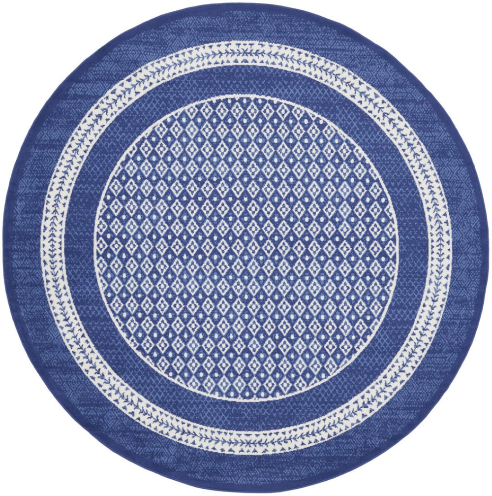 HomeRoots 7' Ivory and Navy Blue Geometric Distressed Area Rug - Durable, Non-Skid Design for High-Traffic Spaces 8' Round 552326