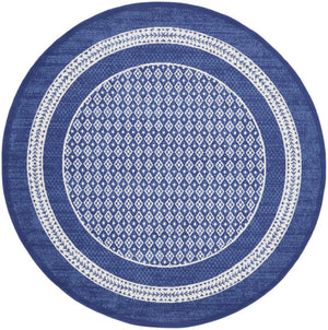 HomeRoots 7' Ivory and Navy Blue Geometric Distressed Area Rug - Durable, Non-Skid Design for High-Traffic Spaces 8' Round 552326