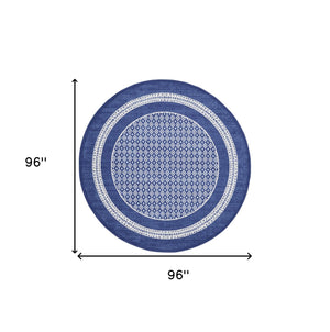 Homeroots 8' Ivory And Navy Blue Geometric Distressed Round Rug  Polypropylene 552326