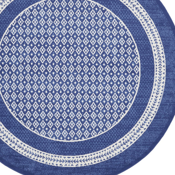 Homeroots 8' Ivory And Navy Blue Geometric Distressed Round Rug  Polypropylene 552326