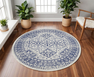 HomeRoots 8' Ivory and Navy Blue Geometric Distressed Rug - Durable, Stylish, Low-Maintenance for Modern Homes 8' Round 552327