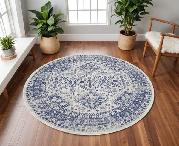 HomeRoots 8' Ivory and Navy Blue Geometric Distressed Rug - Durable, Stylish, Low-Maintenance for Modern Homes 8' Round 552327