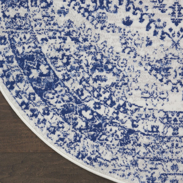 HomeRoots 8' Ivory and Navy Blue Geometric Distressed Rug - Durable, Stylish, Low-Maintenance for Modern Homes 8' Round 552327