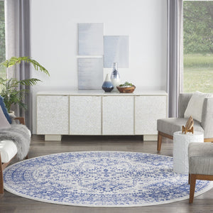 HomeRoots 8' Ivory and Navy Blue Geometric Distressed Rug - Durable, Stylish, Low-Maintenance for Modern Homes 8' Round 552327