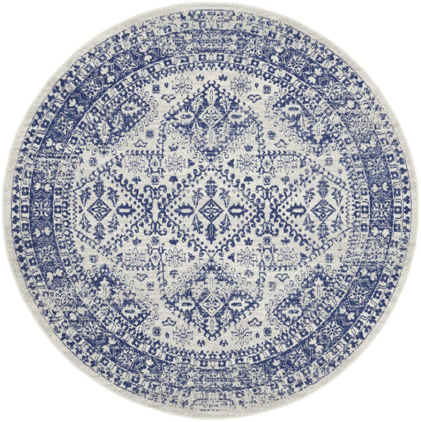 HomeRoots 8' Ivory and Navy Blue Geometric Distressed Rug - Durable, Stylish, Low-Maintenance for Modern Homes 8' Round 552327