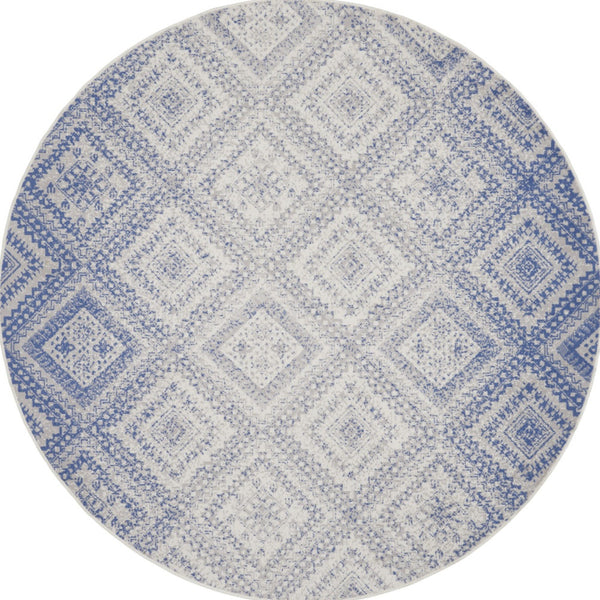 Homeroots 8' Ivory And Blue Geometric Distressed Round Rug - Stylish, Durable, Stain Resistant, Perfect For Kids & Pets  Polyester 552328