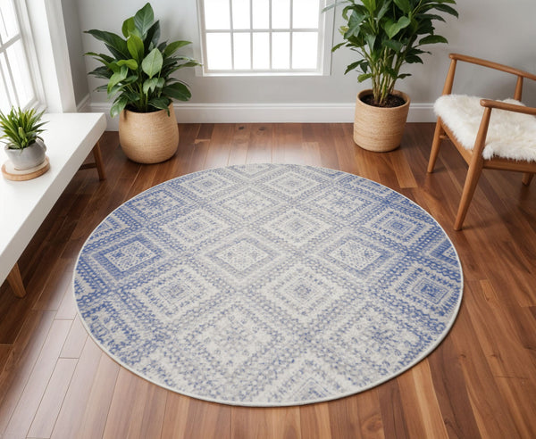 Homeroots 8' Ivory And Blue Geometric Distressed Round Rug - Stylish, Durable, Stain Resistant, Perfect For Kids & Pets  Polyester 552328