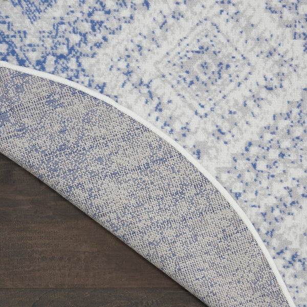 Homeroots 8' Ivory And Blue Geometric Distressed Round Rug - Stylish, Durable, Stain Resistant, Perfect For Kids & Pets  Polyester 552328