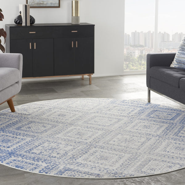 Homeroots 8' Ivory And Blue Geometric Distressed Round Rug - Stylish, Durable, Stain Resistant, Perfect For Kids & Pets  Polyester 552328