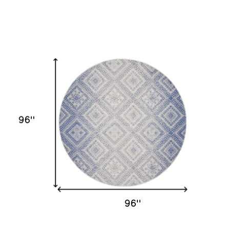 Homeroots 8' Ivory And Blue Geometric Distressed Round Rug - Stylish, Durable, Stain Resistant, Perfect For Kids & Pets  Polyester 552328