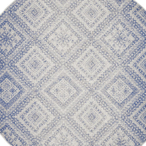 Homeroots 8' Ivory And Blue Geometric Distressed Round Rug - Stylish, Durable, Stain Resistant, Perfect For Kids & Pets  Polyester 552328