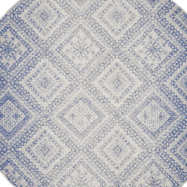 Homeroots 8' Ivory And Blue Geometric Distressed Round Rug - Stylish, Durable, Stain Resistant, Perfect For Kids & Pets  Polyester 552328