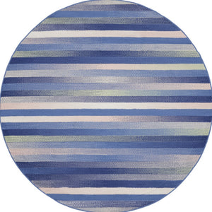 Homeroots 8' Ivory Tan And Blue Striped Round Rug  Polypropylene 552330