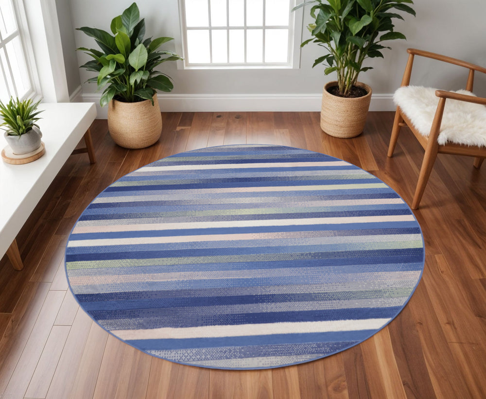 Homeroots 8' Ivory Tan And Blue Striped Round Rug  Polypropylene 552330