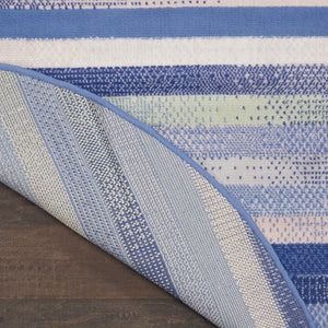 Homeroots 8' Ivory Tan And Blue Striped Round Rug  Polypropylene 552330