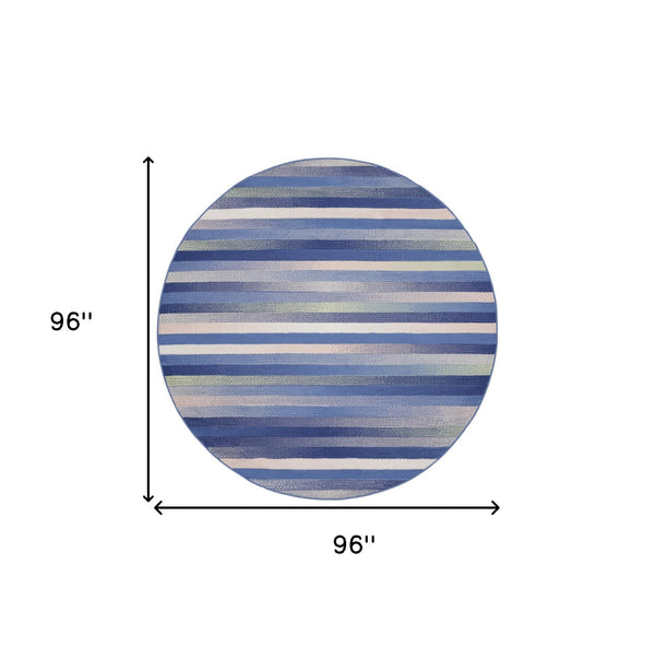 Homeroots 8' Ivory Tan And Blue Striped Round Rug  Polypropylene 552330