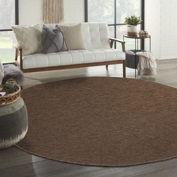 HomeRoots 8' Round Geometric Area Rug in Dark Brown - Stylish, Durable, Indoor/Outdoor Perfect for Any Space 552331