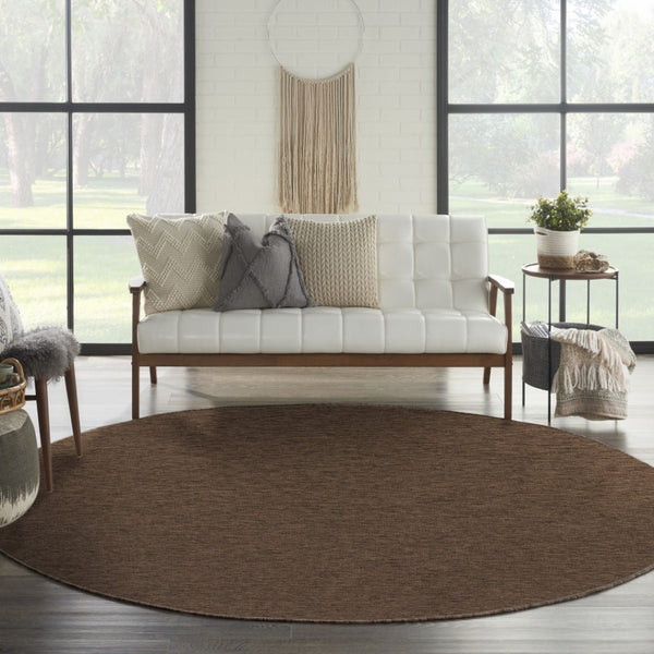 HomeRoots 8' Round Geometric Area Rug in Dark Brown - Stylish, Durable, Indoor/Outdoor Perfect for Any Space 552331