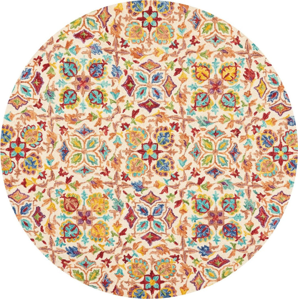 HomeRoots 8' Hand-Tufted Wool Round Rug - Ivory with Bold Red & Orange Floral Motifs for Bohemian Charm 552334