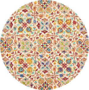 HomeRoots 8' Hand-Tufted Wool Round Rug - Ivory with Bold Red & Orange Floral Motifs for Bohemian Charm 552334