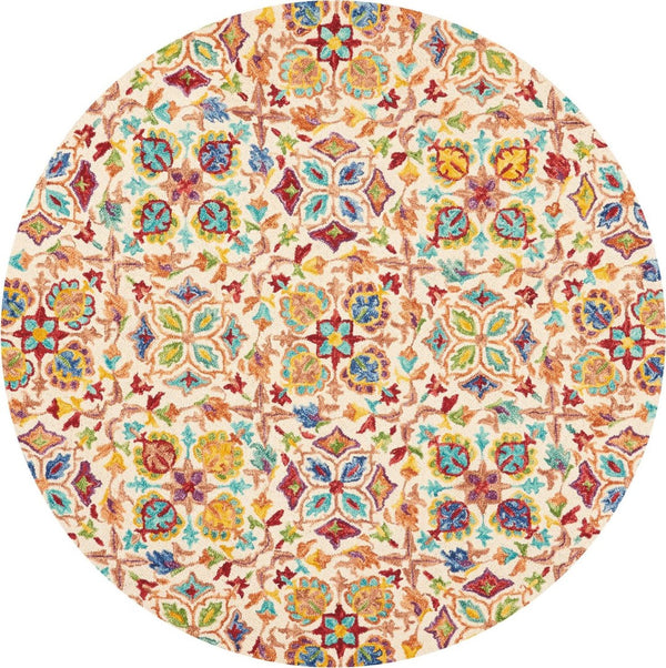 HomeRoots 8' Hand-Tufted Wool Round Rug - Ivory with Bold Red & Orange Floral Motifs for Bohemian Charm 552334