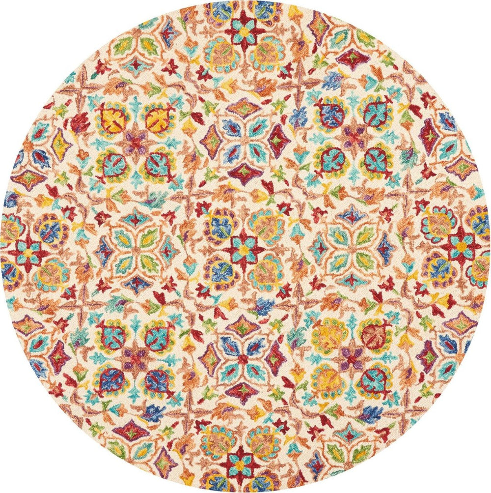 HomeRoots 8' Hand-Tufted Wool Round Rug - Ivory with Bold Red & Orange Floral Motifs for Bohemian Charm 552334