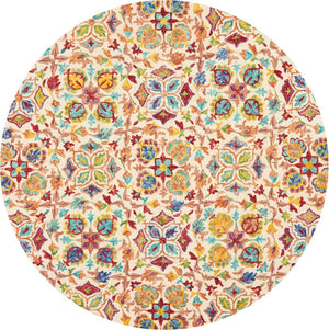 HomeRoots 8' Hand-Tufted Wool Round Rug - Ivory with Bold Red & Orange Floral Motifs for Bohemian Charm 552334