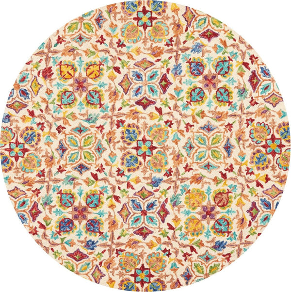HomeRoots 8' Hand-Tufted Wool Round Rug - Ivory with Bold Red & Orange Floral Motifs for Bohemian Charm 552334