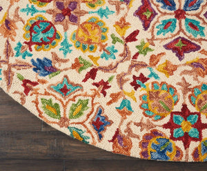 HomeRoots 8' Hand-Tufted Wool Round Rug - Ivory with Bold Red & Orange Floral Motifs for Bohemian Charm 552334