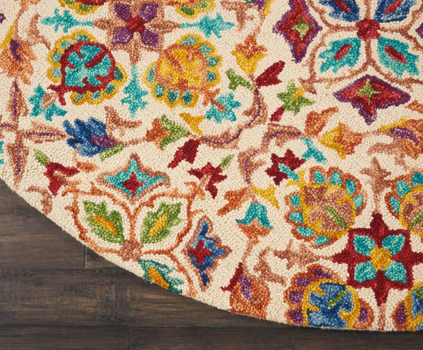 HomeRoots 8' Hand-Tufted Wool Round Rug - Ivory with Bold Red & Orange Floral Motifs for Bohemian Charm 552334