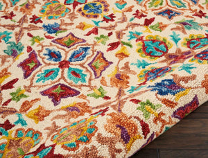 HomeRoots 8' Hand-Tufted Wool Round Rug - Ivory with Bold Red & Orange Floral Motifs for Bohemian Charm 552334