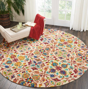 HomeRoots 8' Hand-Tufted Wool Round Rug - Ivory with Bold Red & Orange Floral Motifs for Bohemian Charm 552334