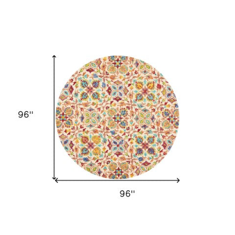 Homeroots 8' Hand-tufted Round Rug In Ivory, Red & Orange Floral Design - Unique Bohemian Statement Piece  Wool 552334