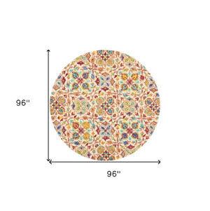 Homeroots 8' Hand-tufted Round Rug In Ivory, Red & Orange Floral Design - Unique Bohemian Statement Piece  Wool 552334