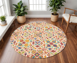Homeroots 8' Hand-tufted Round Rug In Ivory, Red & Orange Floral Design - Unique Bohemian Statement Piece  Wool 552334