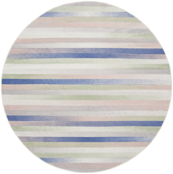 Homeroots 8' Ivory Tan And Blue Striped Round Rug  Polypropylene 552335