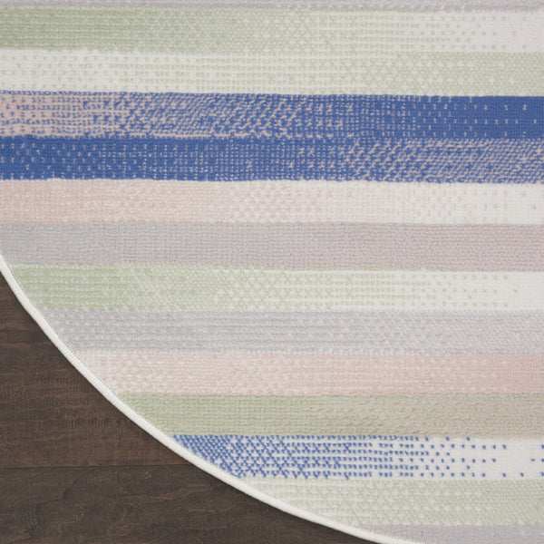 Homeroots 8' Ivory Tan And Blue Striped Round Rug  Polypropylene 552335