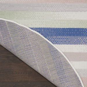 Homeroots 8' Ivory Tan And Blue Striped Round Rug  Polypropylene 552335